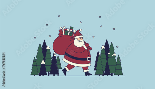 A whimsical Santa Claus figure hoisting a sack full of gifts as he makes his way through a ling forest under a starry night sky.