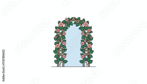 A trellis adorned with climbing vines and blooms creating a fragrant archway of color that invites entry into the garden.
