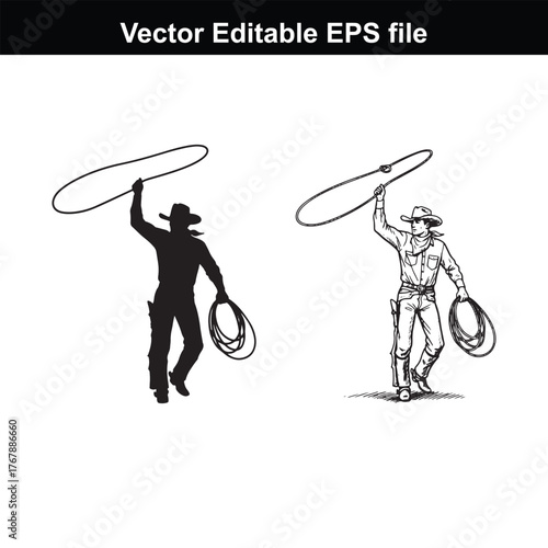 Silhouette and detailed drawing of a cowboy swinging a lasso