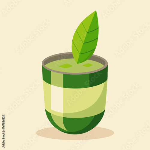 Matcha tea with leaf in a ceramic mug. Cartoon vector illustration