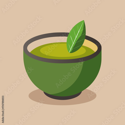 Green matcha beverage with leaf. Cartoon vector illustration