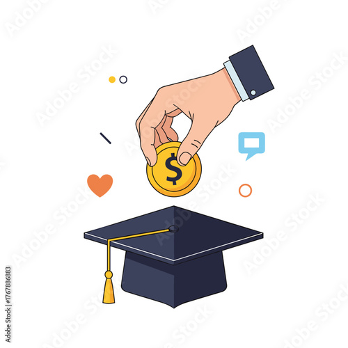 Hand dropping a dollar coin into a graduation cap, symbolizing educational investment and funding.