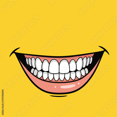 A wide, cartoonish smile with bright white teeth on a yellow background.