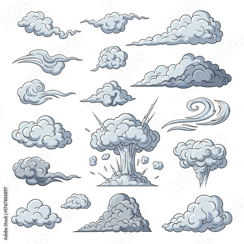 Collection of diverse cartoon-style clouds and smoke effects in various shapes and sizes.