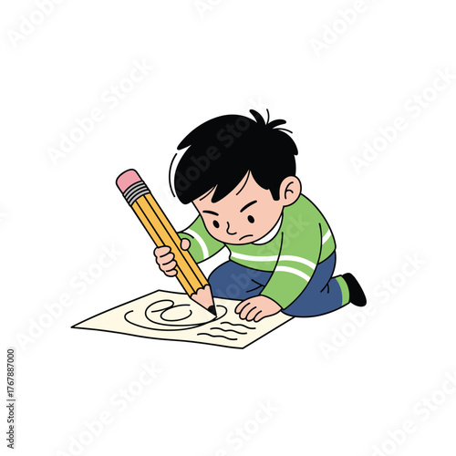 Cartoon boy intensely drawing on a piece of paper with a large yellow pencil.