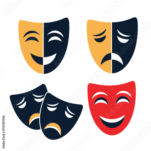 Four theatrical masks representing joy and sorrow, symbolizing comedy and tragedy in performance.