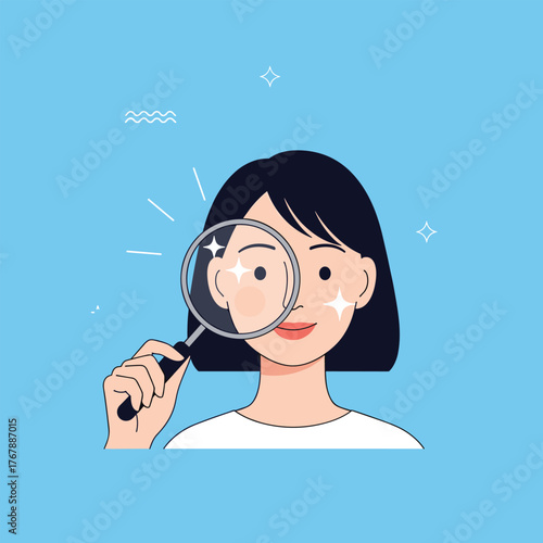 Woman examining her ear with a magnifying glass, highlighting clear skin and beauty.