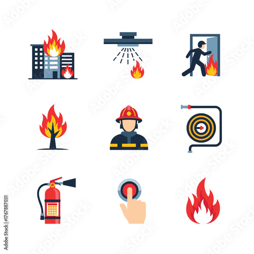 Collection of flat icons representing fire safety and emergency response scenarios.