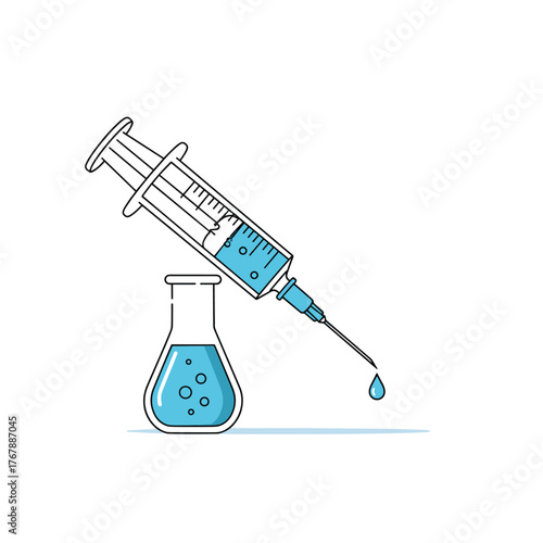 Illustration of a medical syringe drawing liquid from a laboratory flask.