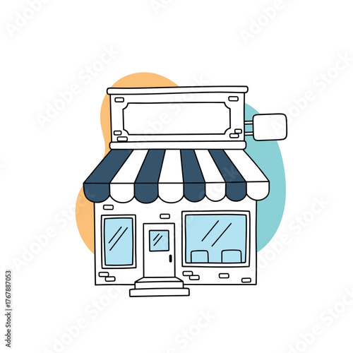Simple line drawing of a storefront with a striped awning and a blank sign.