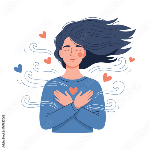 Woman breathing deeply with her hands on her chest, surrounded by hearts and air currents.