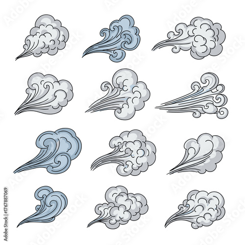 Collection of twelve stylized illustrations of wind gusts with varying density and shape.
