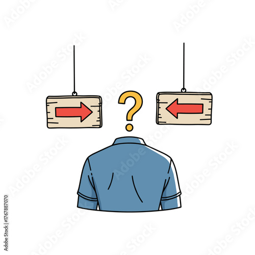 Person with a question mark instead of a head, facing two signs pointing in opposite directions.