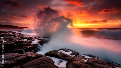 Dramatic sunset over rocky shoreline with crashing waves and vibrant clouds