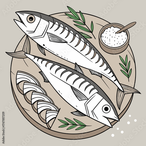 Fish illustration vector, seafood preparation vector, cutting board vector