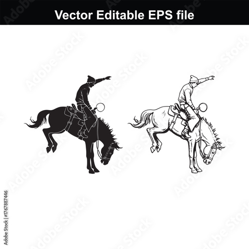 Silhouette and line art of a cowboy riding a bucking horse
