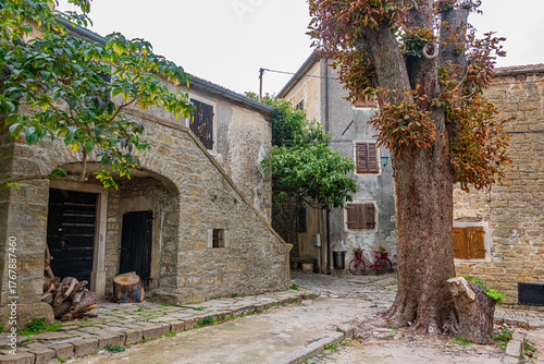 Picture from the town of Groznjan with idyllic cobbled streets and buildings made of natural stone, Istria, Croatia