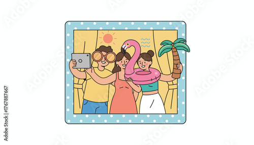 Friends taking playful selfies at a photo booth adorned with summerthemed props like sunglasses and inflatable flamingos.