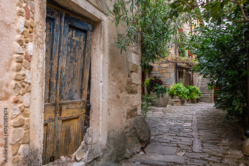 Picture from the town of Groznjan with idyllic cobbled streets and buildings made of natural stone, Istria, Croatia