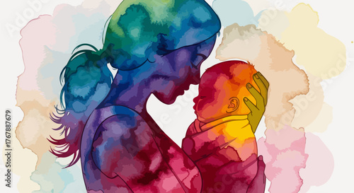 Modern watercolor style illustration of mother and baby, representing love and tenderness, perfect for pregnancy and family themes