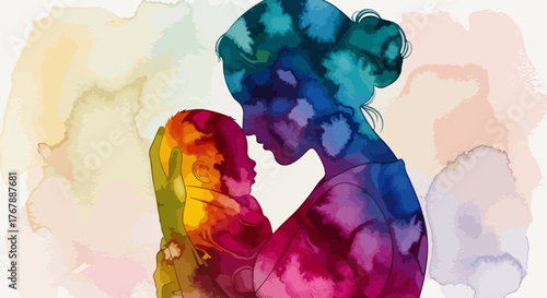 Modern watercolor style illustration of a mother holding her baby with vibrant colors and soft edges