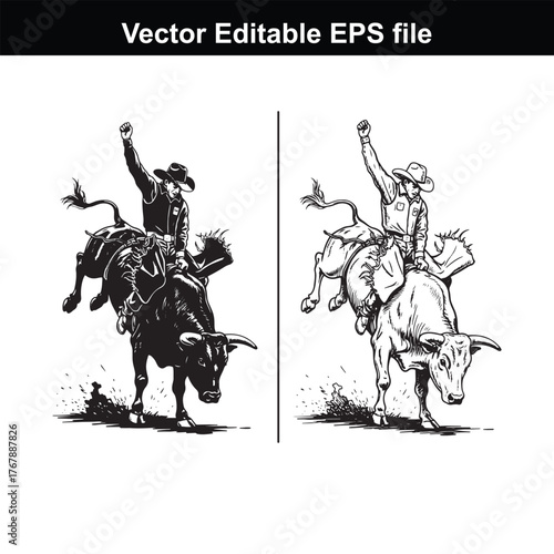 Bull rider on a bucking bull, rodeo cowboy in action