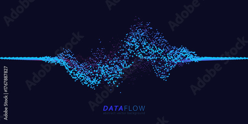 Big Data Flow wavy point lines. Minimalistic neural network information analysis. Digital dynamic qubits of data. AI technology voice print