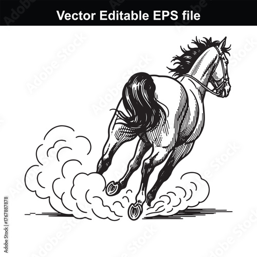 Running horse kicking up dust, wild stallion in motion