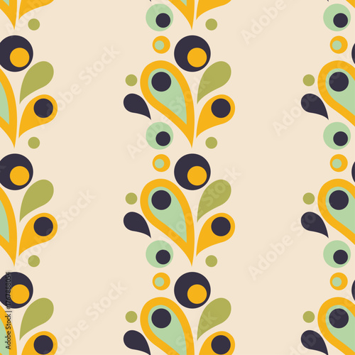 pattern, seamless, organic, paisley, retro, 70s, 60s, vintage, abstract, floral, foliage, leaf, droplet, teardrop, circles, curves, repeating, mid-century, groovy, mod, psychedelic, decorative.