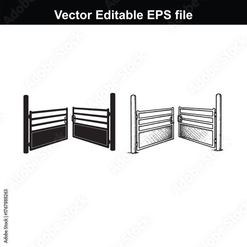 Two sets of farm gates, one black silhouette and one white sketch, open and closed