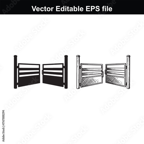 Two sets of farm gates, one black silhouette and one white sketch, open and closed