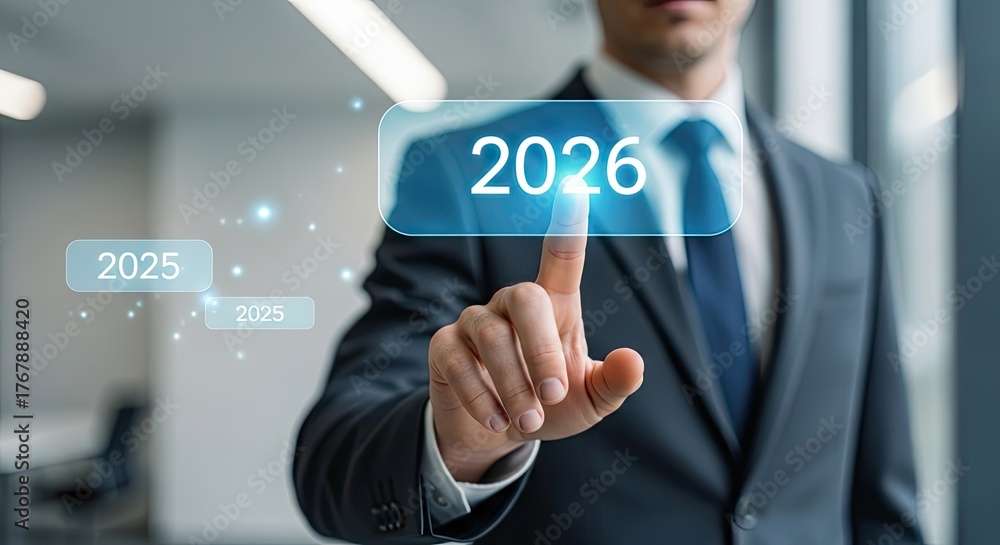 Obraz premium A focused professional in a dark suit selects a futuristic digital interface, navigating through a series of glowing year options, with the prominent selection of the year 2026.
