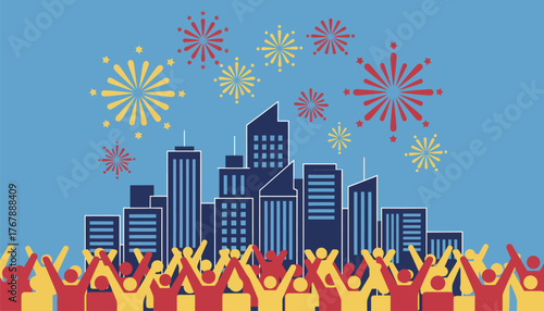 A vibrant New Years Eve celebration with fireworks lighting up the night sky over a bustling city as jubilant crowds gather to cheer.