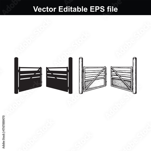 Two styles of farm gate, one solid black silhouette and one line art