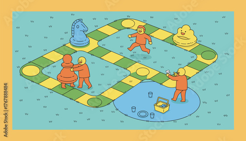 An outdoor picnic setting where a unique oversized board game is played on grass with large inflatable pieces and players laughing as they move around.