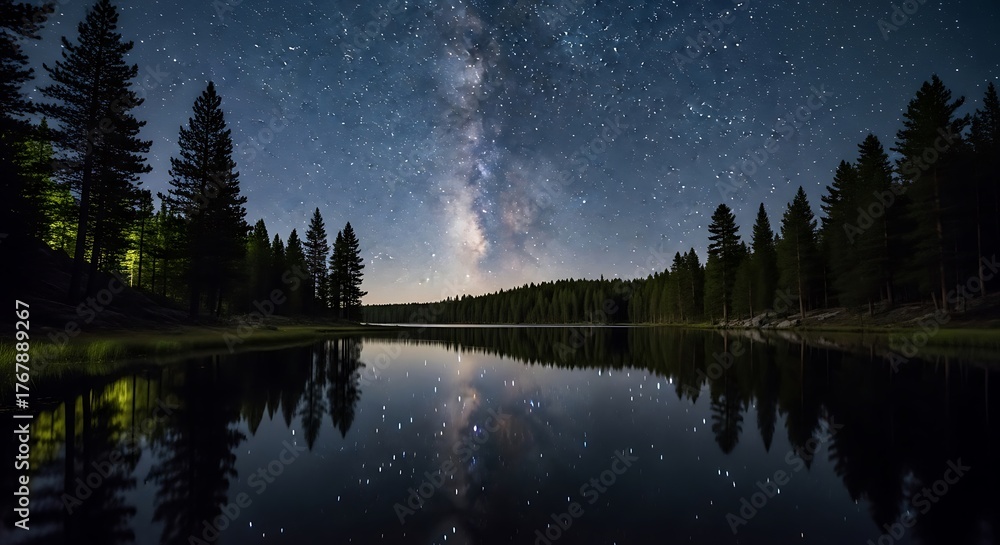 Naklejka premium Starry night sky over a quiet forest lake, Milky Way visible, long exposure effect, natural reflections on water, photorealistic night landscape