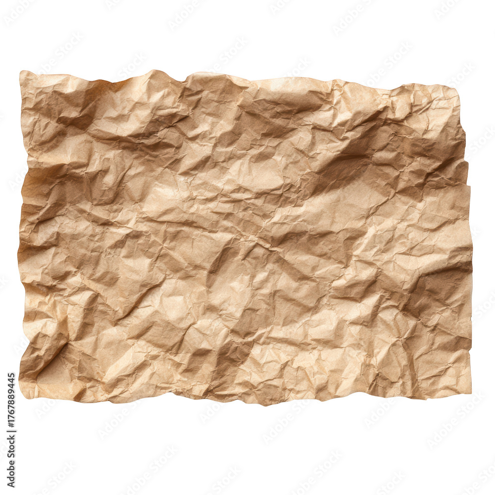 Obraz premium A single piece of old looking crumpled brown paper is shown isolated against a solid , isolated on transparent background, perfect cutout, PNG