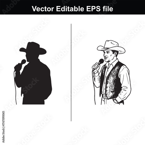 Silhouette and line art of a cowboy holding a microphone