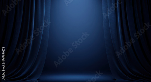 Elegant blue stage curtains with spotlight, luxury theater velvet drapes background, cinematic empty stage for performance and award ceremony