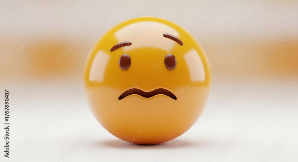 Fototapeta premium A yellow emoji with a sad expression featuring downturned mouth and furrowed eyebrows on a neutral background