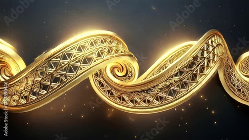 Elegant golden ribbon twisting against a dark background with shimmering lights