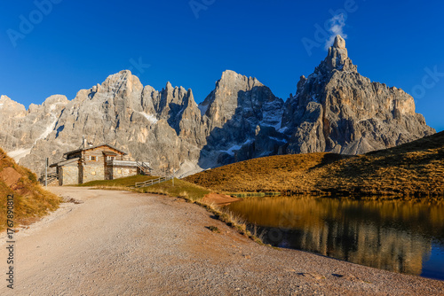 Late autumn scenic landscape of Baita Segantini in Trentino Alto Adige, Pale di San Martino, Italy, Dolomites, Europe