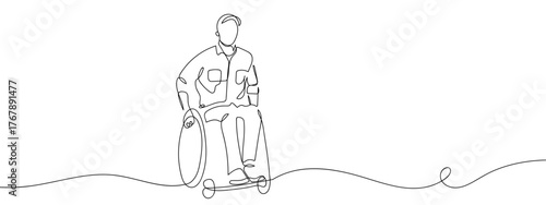 Middle-aged man sitting in a wheelchair, one continuous line, hand drawn doodle. single line art drawing vector illustration strokes can be edited.