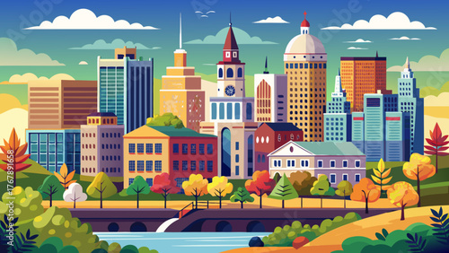 Very beautiful, Hartford, Connecticut, USA, showcasing the downtown skyline with modern and historic architecture, Connecticut River views, green parks, and vibrant urban landscape under clear skies.