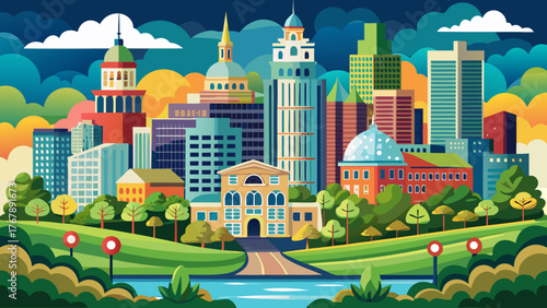 Very beautiful, Hartford, Connecticut, USA, showcasing the downtown skyline with modern and historic architecture, Connecticut River views, green parks, and vibrant urban landscape under clear skies.