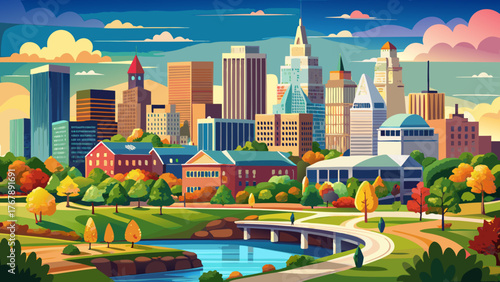 Very beautiful, Hartford, Connecticut, USA, showcasing the downtown skyline with modern and historic architecture, Connecticut River views, green parks, and vibrant urban landscape under clear skies.