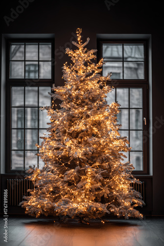 Festive Christmas tree with warm lights in a cozy, elegant interior setting