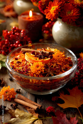Autumnal still life with flowers, candles, and spices on a wooden table