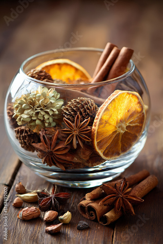 Aromatic potpourri arrangement with cinnamon sticks, star anise, and dried orange slices