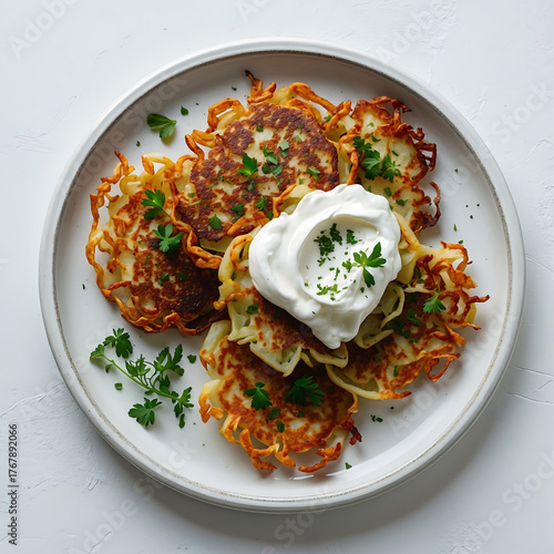 Overhead shot of potato pancakes with sour cream and parsley
